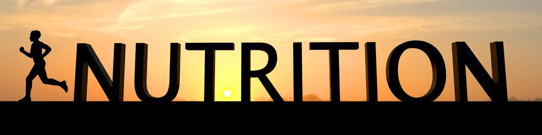 Silhouette of a runner passing in front of the word 'NUTRITION' at sunrise or sunset