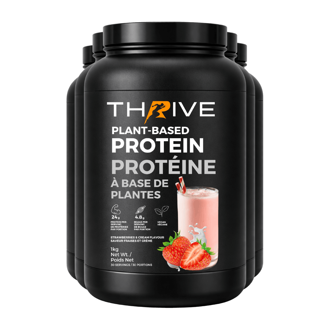 Black container of Thrive plant-based protein powder strawberry 5 units