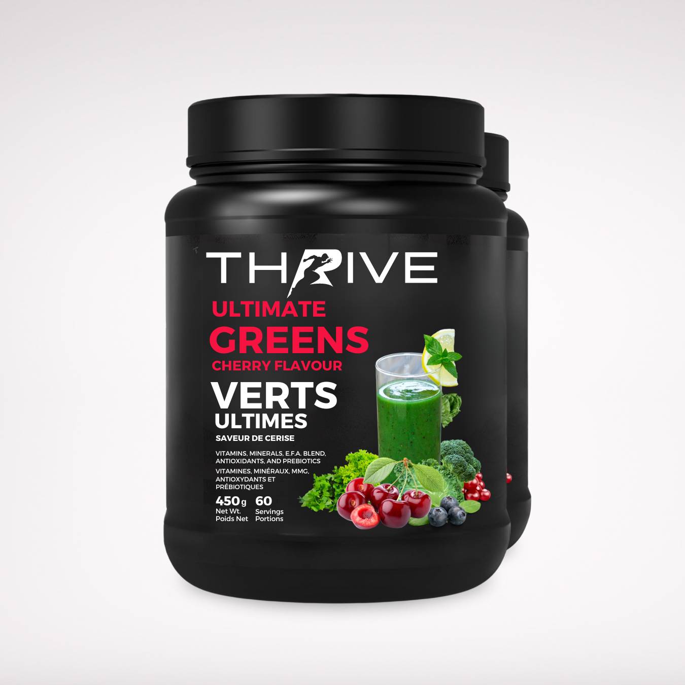 Thrive Ultimate Greens – Cherry- Canadian-made greens powder with superfoods, prebiotics, and antioxidants, two 450 g tubs with 60 servings