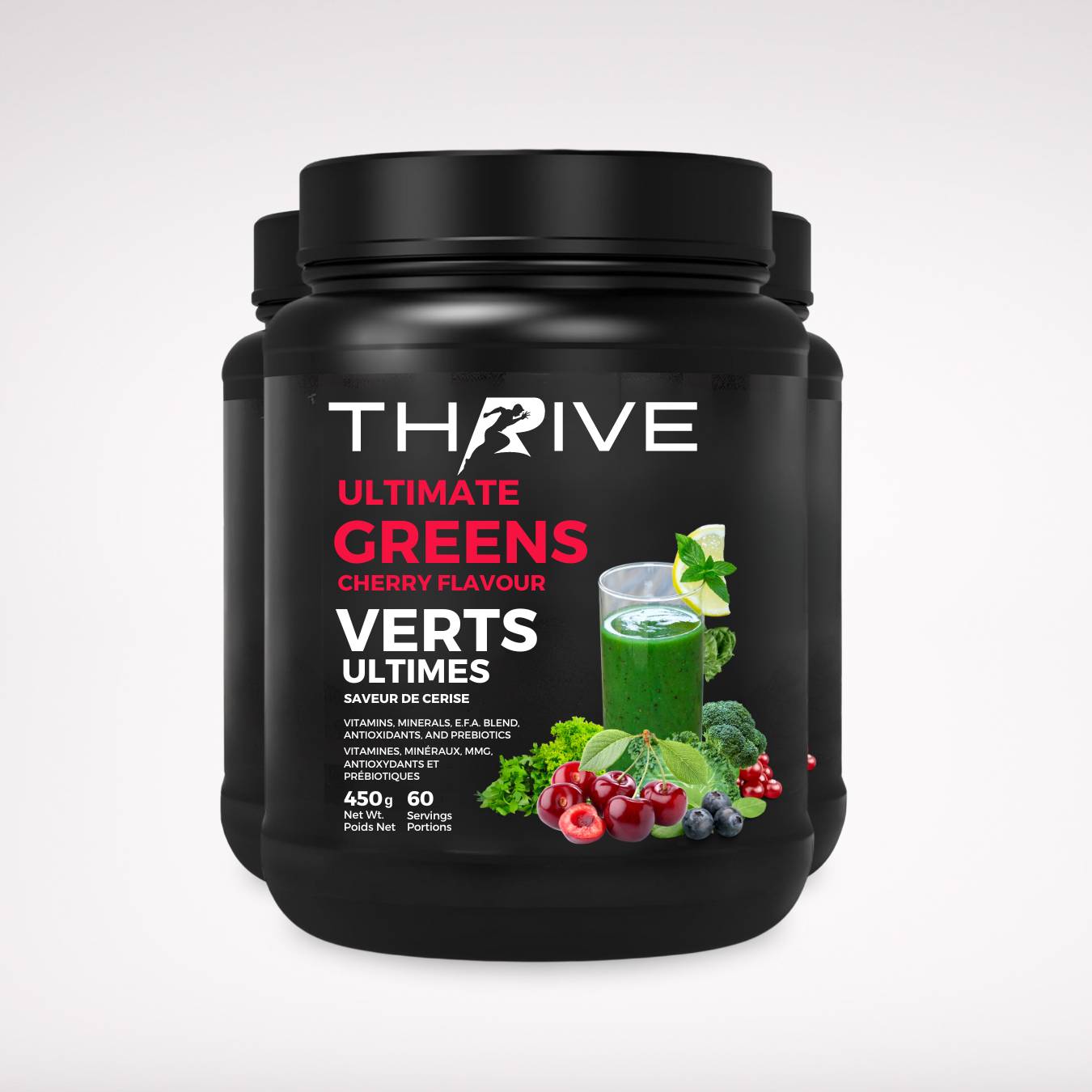 Thrive Ultimate Greens – Cherry - Canadian-made greens powder with superfoods, prebiotics, and antioxidants, two 450 g tubs with 60 servings