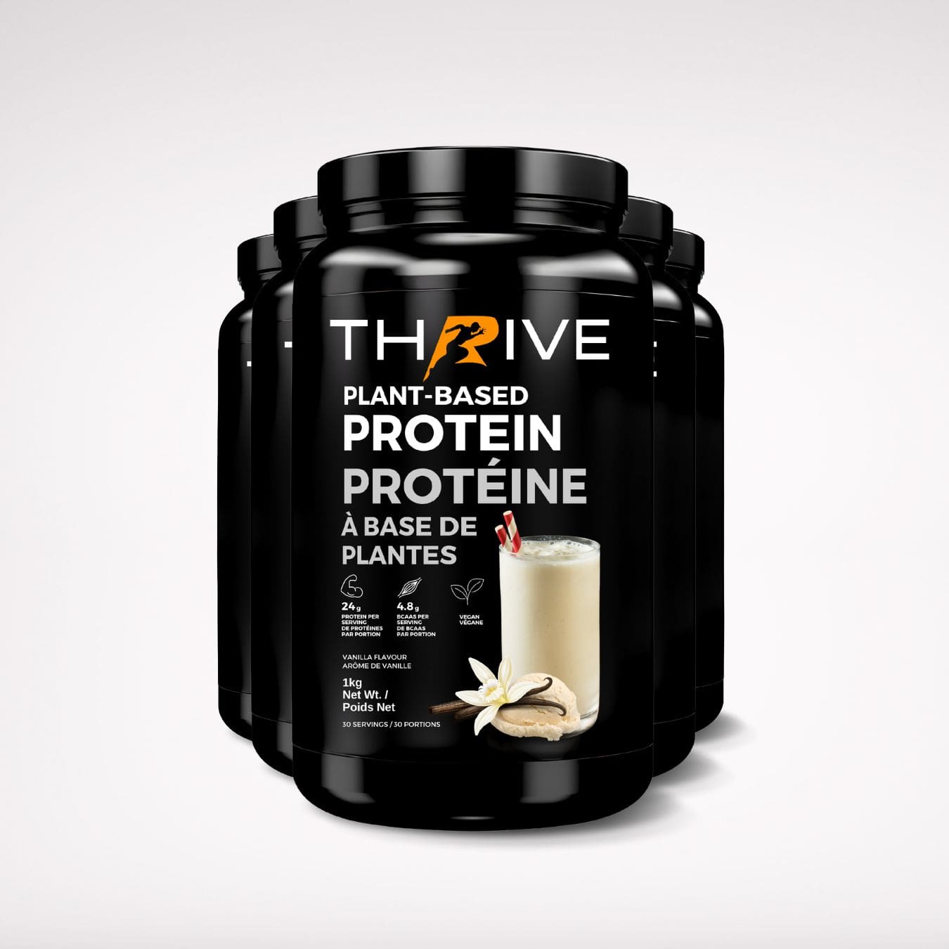 Thrive Plant-Based Protein Vanilla – Canadian-made vegan protein powder, five 1 kg tubs with 24 g protein per serving
