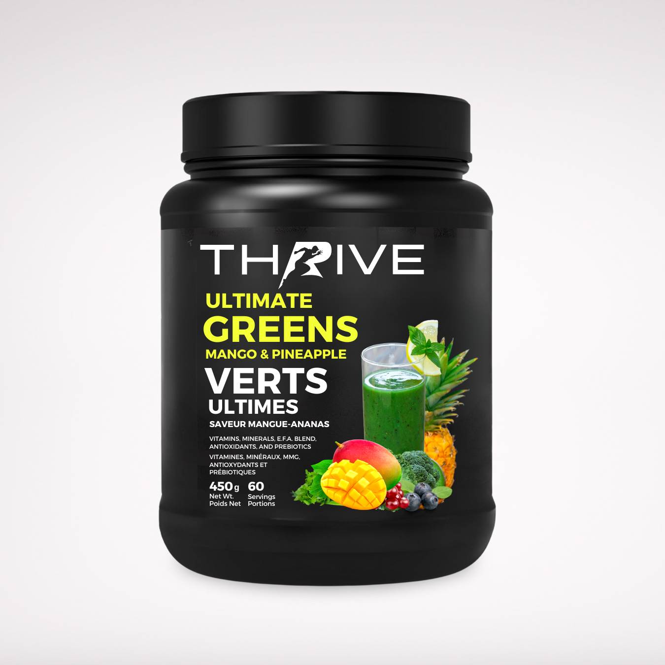 Thrive Ultimate Greens –Mango Pineapple - Canadian-made greens powder with superfoods, prebiotics, and antioxidants, 450 g tub with 60 servings
