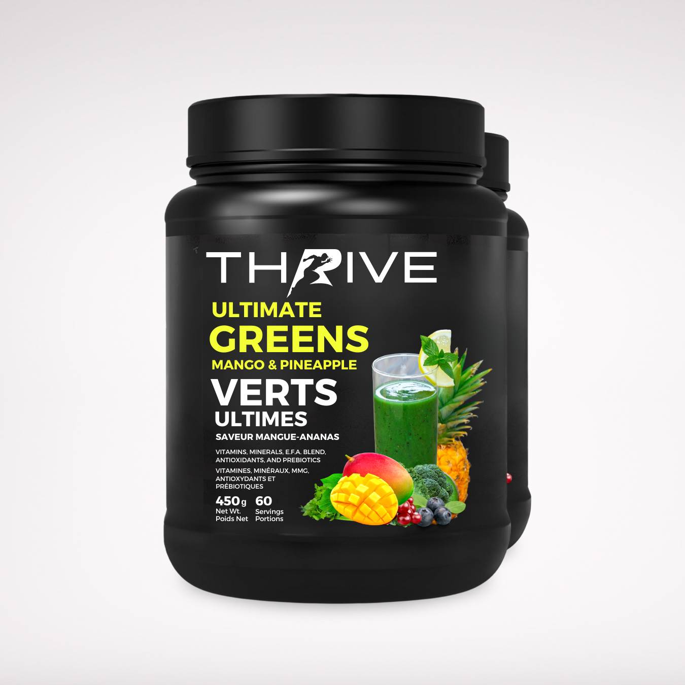 Thrive Ultimate Greens – Mango Pineapple- Canadian-made greens powder with superfoods, prebiotics, and antioxidants, two 450 g tubs with 60 servings