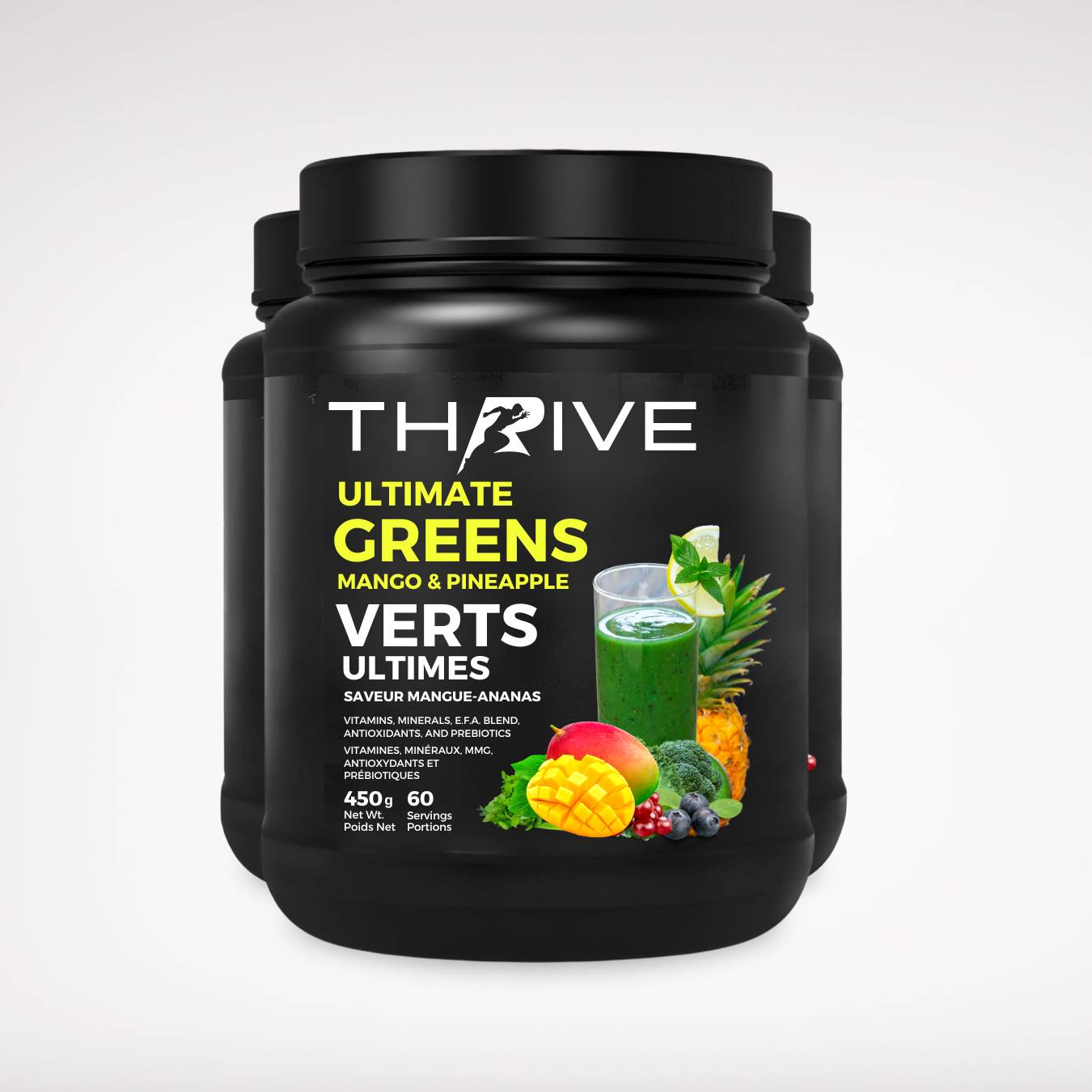 Thrive Ultimate Greens – Mango Pineapple - Canadian-made greens powder with superfoods, prebiotics, and antioxidants, three 450 g tubs with 60 servings