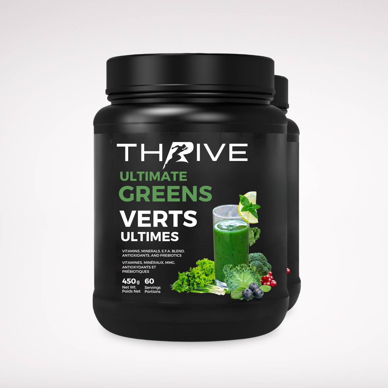Thrive Ultimate Greens – Unflavoured - Canadian-made greens powder with superfoods, prebiotics, and antioxidants, two 450 g tubs with 60 servings