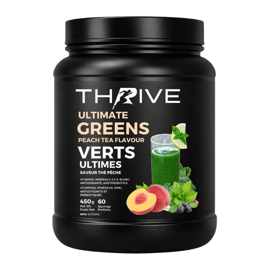 Thrive Ultimate Greens - peach tea – Canadian-made greens powder with superfoods, prebiotics, and antioxidants, 450 g tub