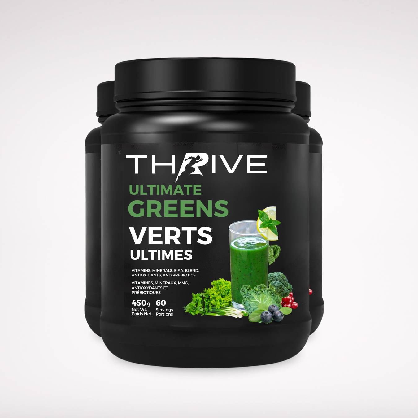 Thrive Ultimate Greens – Unflavoured - Canadian-made greens powder with superfoods, prebiotics, and antioxidants, three 450 g tubs with 60 servings