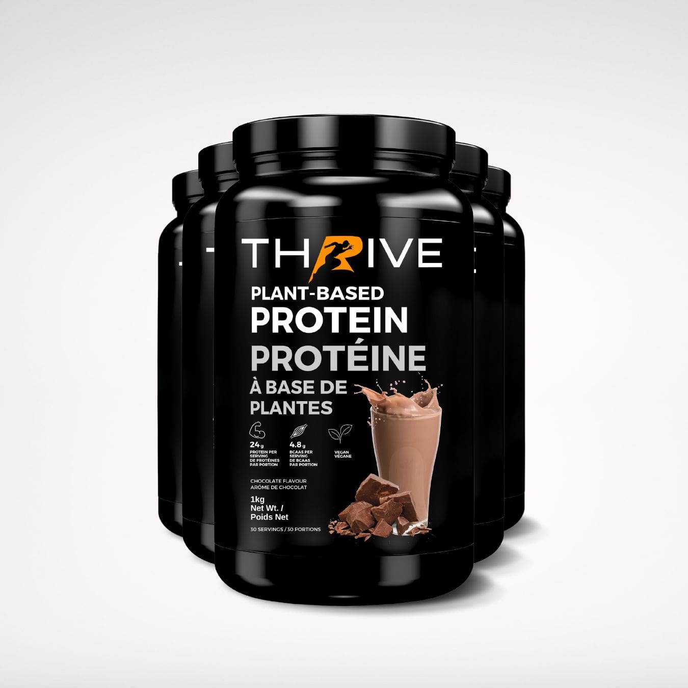 Thrive Plant-Based Protein chocolate – Canadian-made vegan protein powder, five 1 kg tubs with 24 g protein per serving