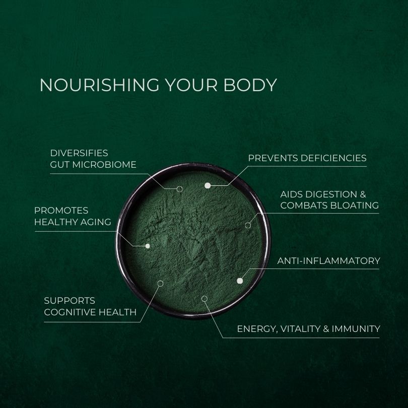 Ultimate Greens powder showing benefits for gut health, energy, immunity, aging, and cognition.