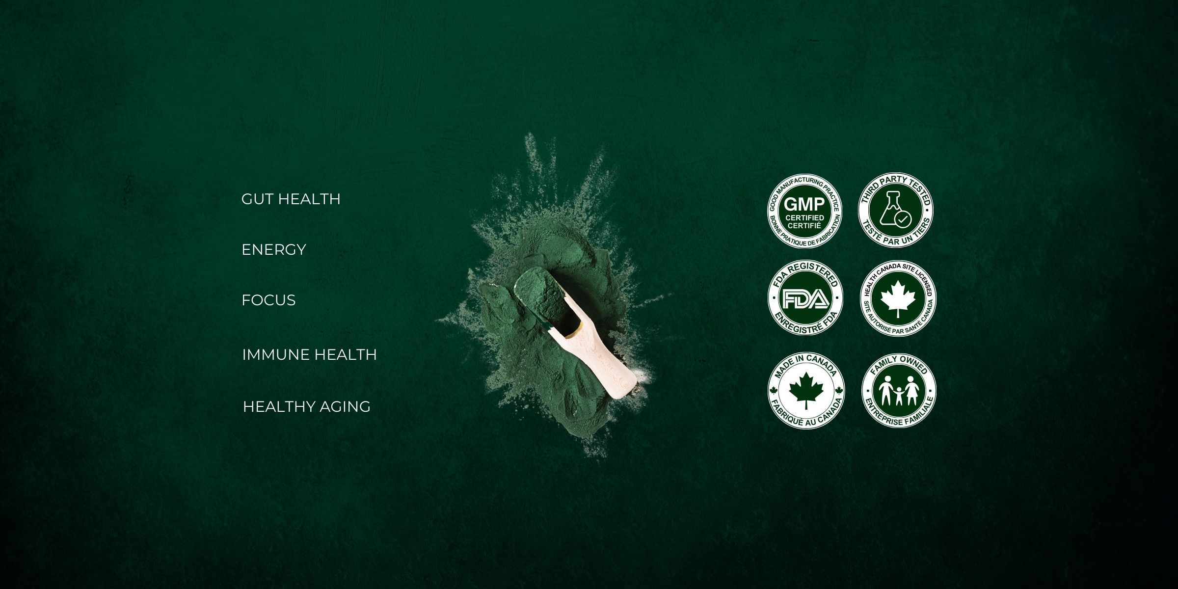 Top-down view of a leafy green substance with certification icons and health benefits listed on a dark green background.