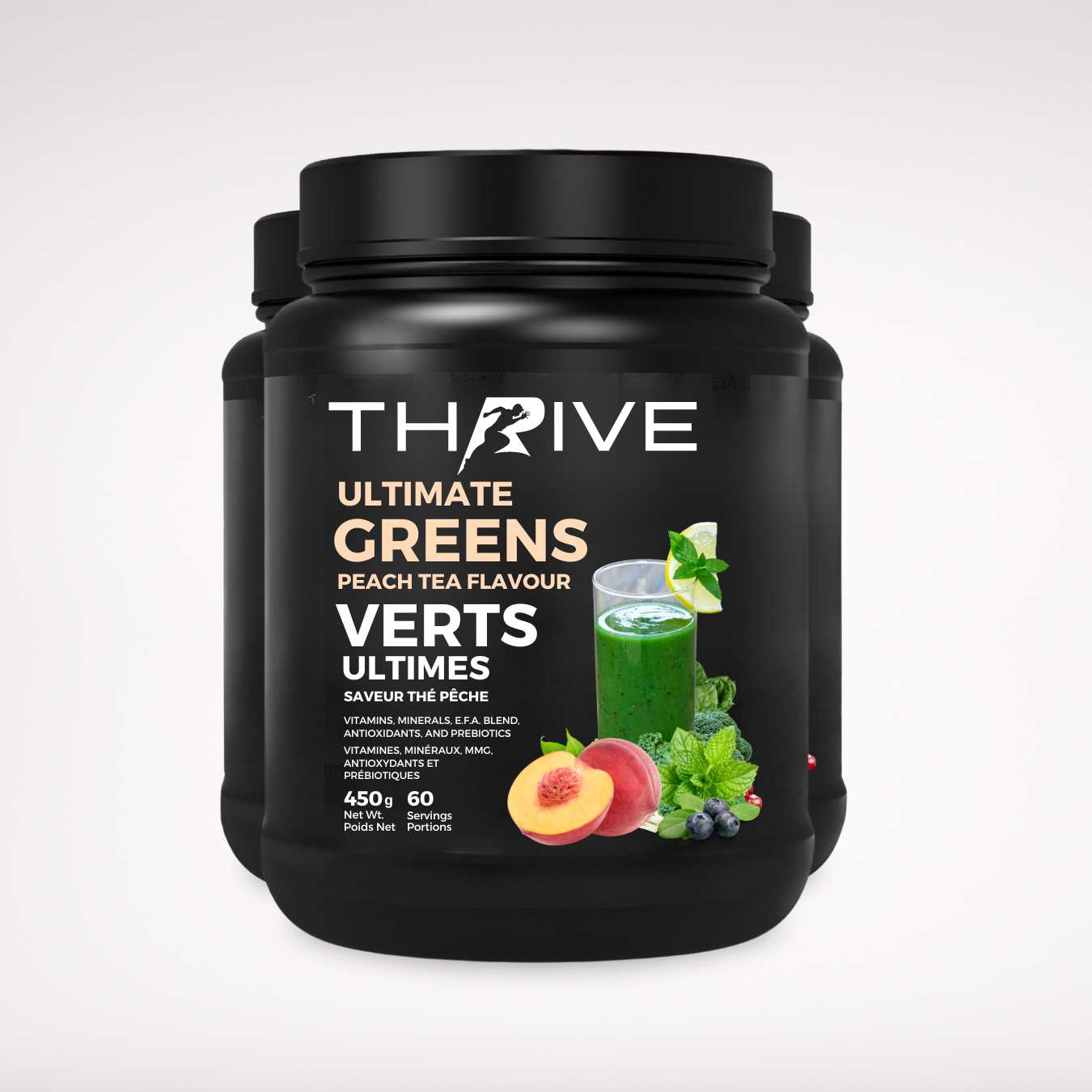 Thrive Ultimate Greens – Piña Colada- Canadian-made greens powder with superfoods, prebiotics, and antioxidants, three 450 g tubs - 180 servings