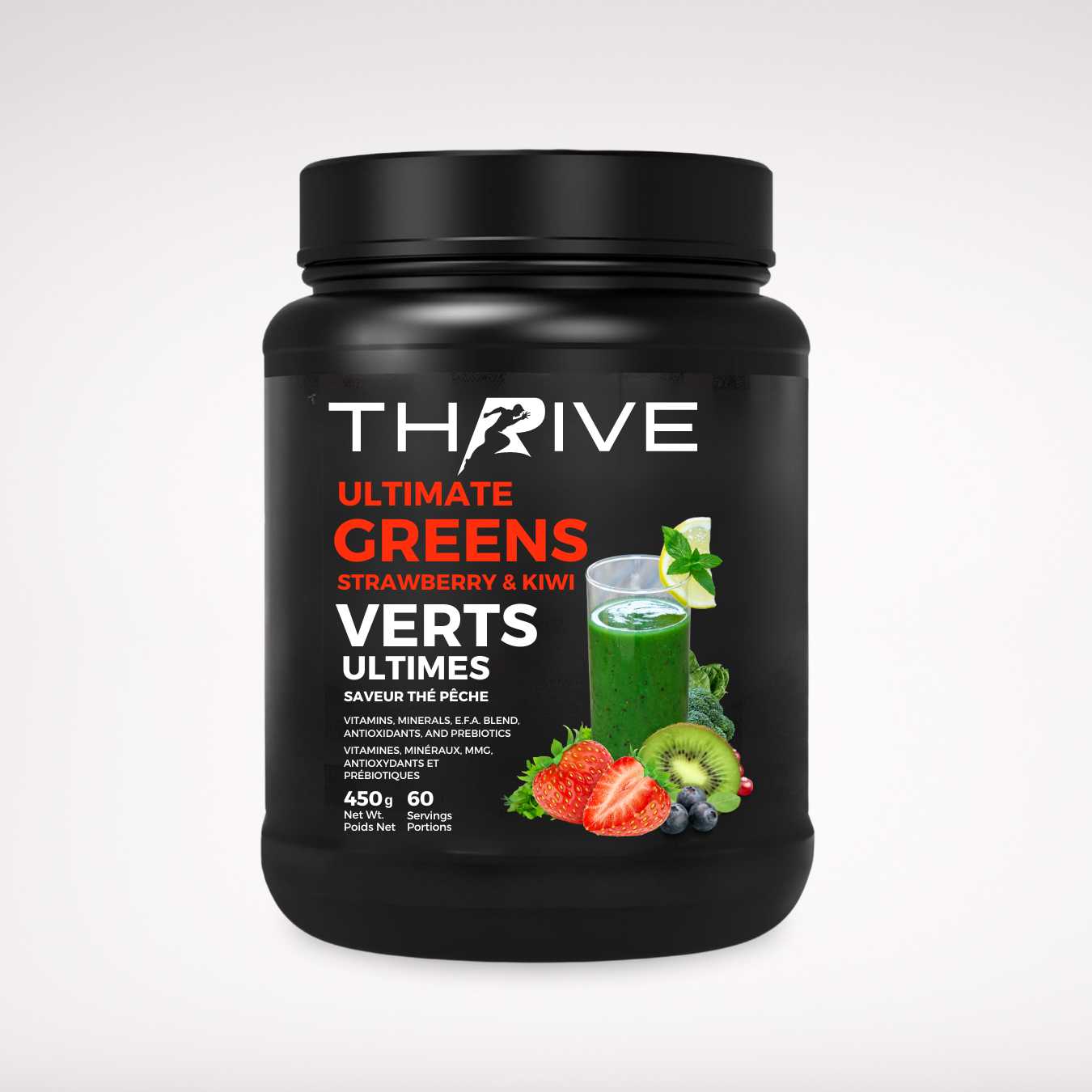 Thrive Ultimate Greens – Strawberry Kiwi - Canadian-made greens powder with superfoods, prebiotics, and antioxidants, 450 g tub with 60 servings