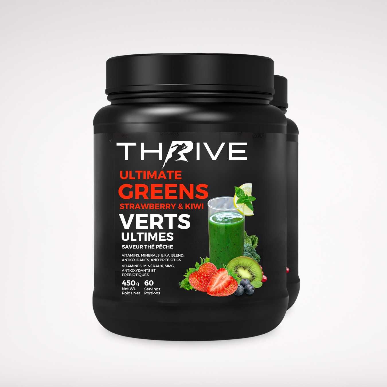 Thrive Ultimate Greens – Strawberry Kiwi - Canadian-made greens powder with superfoods, prebiotics, and antioxidants, two 450 g tubs with 60 servings