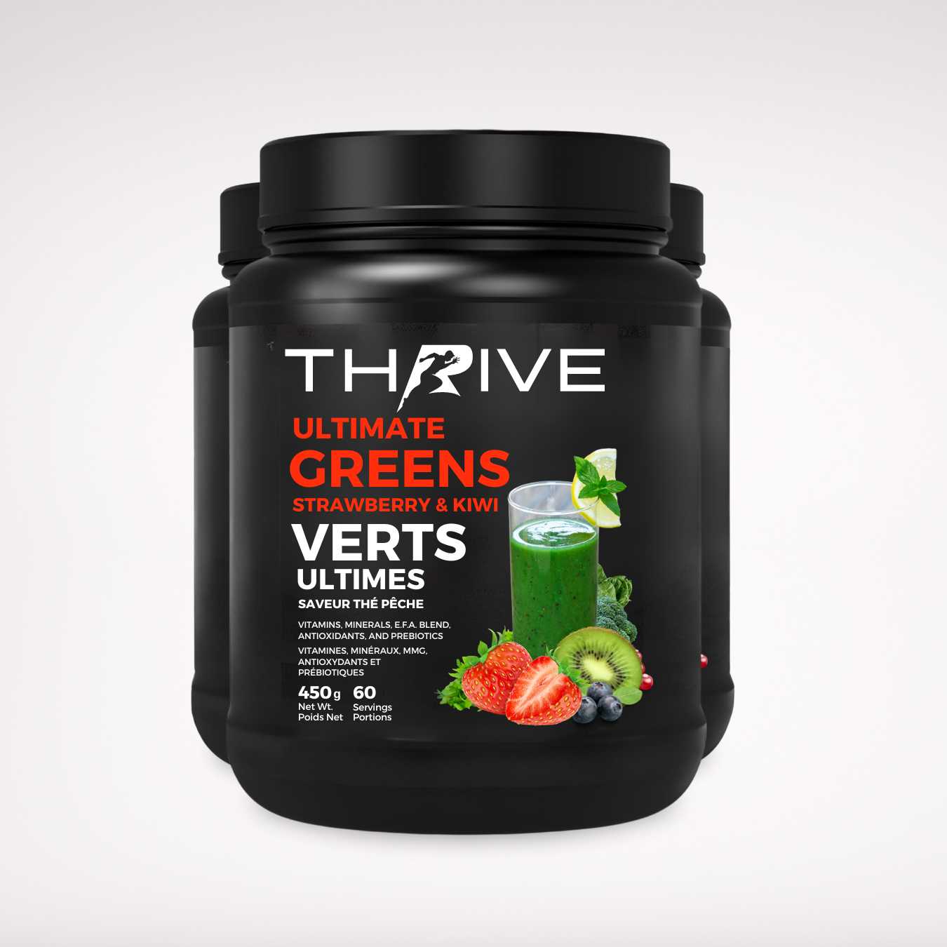 Thrive Ultimate Greens – Strawberry Kiwi - Canadian-made greens powder with superfoods, prebiotics, and antioxidants, three 450 g tubs with 60 servings