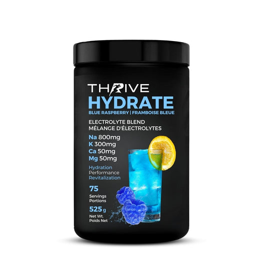 Thrive Hydrate Blue Raspberry – Canadian-made electrolyte powder with sodium, potassium, calcium, and magnesium, 525 g, 75 servings