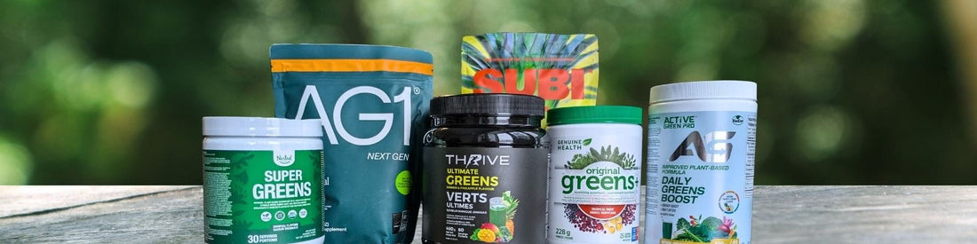 Comparison of AG1 and Canadian greens powders, including Thrive Ultimate Greens, Genuine Health Greens+, SUBI, and Active Green Pro.