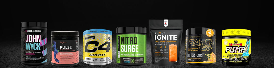 Alt text: Jacked Factory John Wick, Legion Pulse, Cellucor C4 Sport, Jacked Factory Nitro Surge, Thrive Ignite, Revolution Nutrition Batch 27, and Mammoth Pump pre-workouts compared in Canada.