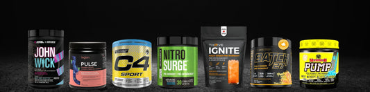 Alt text: Jacked Factory John Wick, Legion Pulse, Cellucor C4 Sport, Jacked Factory Nitro Surge, Thrive Ignite, Revolution Nutrition Batch 27, and Mammoth Pump pre-workouts compared in Canada.