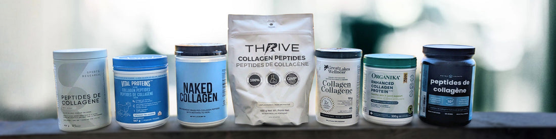 Seven bovine collagen peptide brands compared in Canada for 2026: Vital Proteins, Organika, Naked, Thrive Protein, Sports Research, Great Lakes Wellness and Nutra Champs.