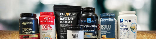 Top whey protein powders in Canada including Optimum Nutrition, BioSteel, Thrive, Revolution Nutrition, Dymatize ISO100, and Leanfit displayed side by side.