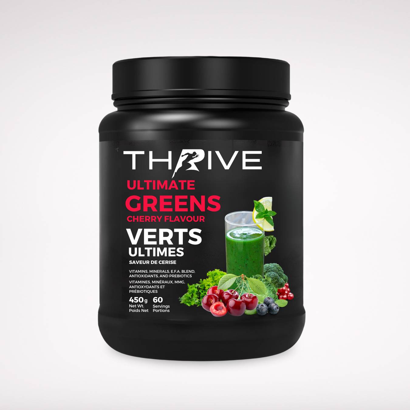 Thrive Ultimate Greens – Cherry - Canadian-made greens powder with superfoods, prebiotics, and antioxidants, 450 g tub with 60 servings 