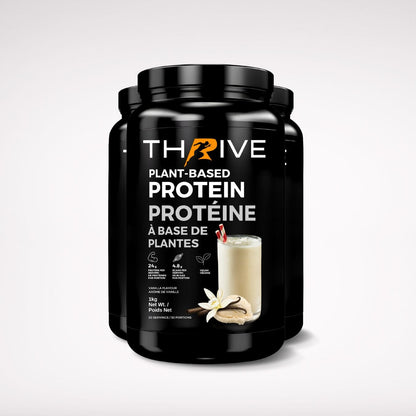 Thrive Plant-Based Protein Vanilla – Canadian-made vegan protein powder, three 1 kg tubs with 24 g protein per serving