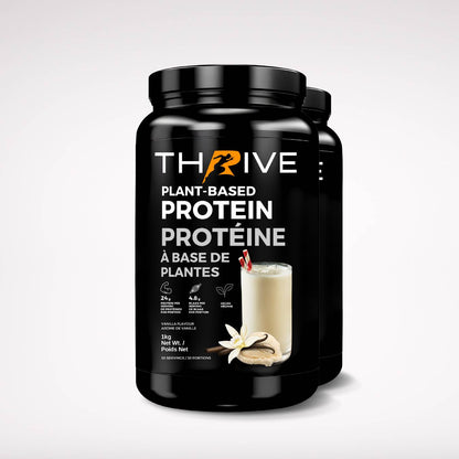 Thrive Plant-Based Protein Vanilla – Canadian-made vegan protein powder, two 1 kg tubs with 24 g protein per serving