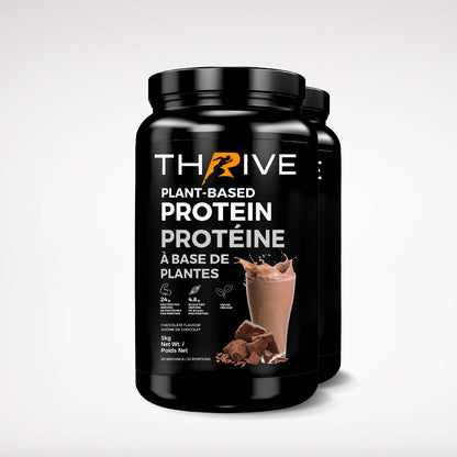 Thrive Plant-Based Protein chocolate – Canadian-made vegan protein powder, two 1 kg tubs with 24 g protein per serving