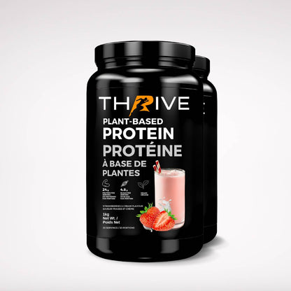 Thrive Plant-Based Protein strawberries and cream– Canadian-made vegan protein powder, two 1 kg tubs with 24 g protein per serving