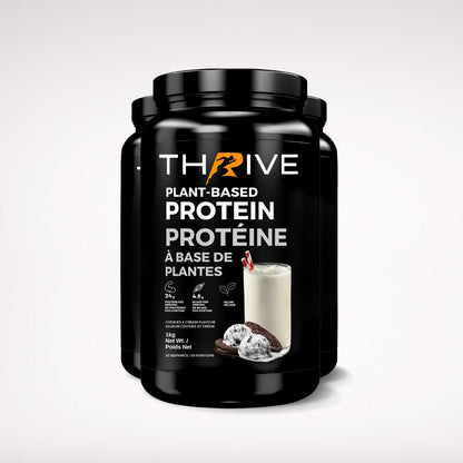 Thrive Plant-Based Protein cookies and cream – Canadian-made vegan protein powder, three 1 kg tubs with 24 g protein per serving