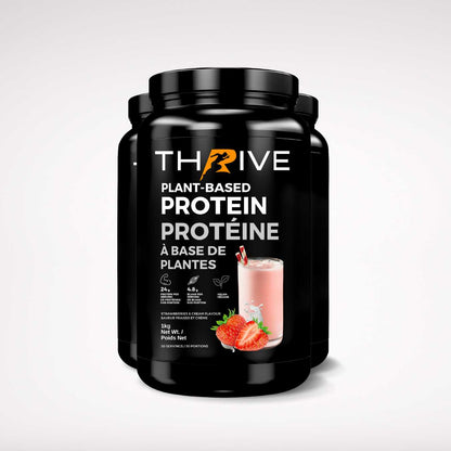 Thrive Plant-Based Protein strawberries and cream – Canadian-made vegan protein powder, three 1 kg tubs with 24 g protein per serving