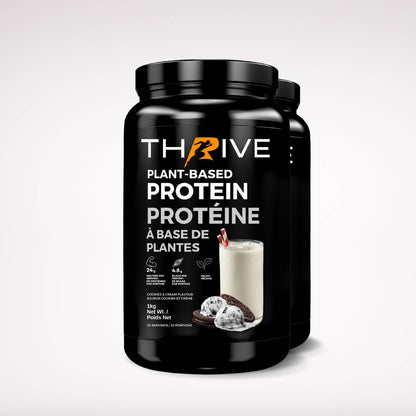 Thrive Plant-Based Protein cookies and cream– Canadian-made vegan protein powder, two 1 kg tubs with 24 g protein per serving