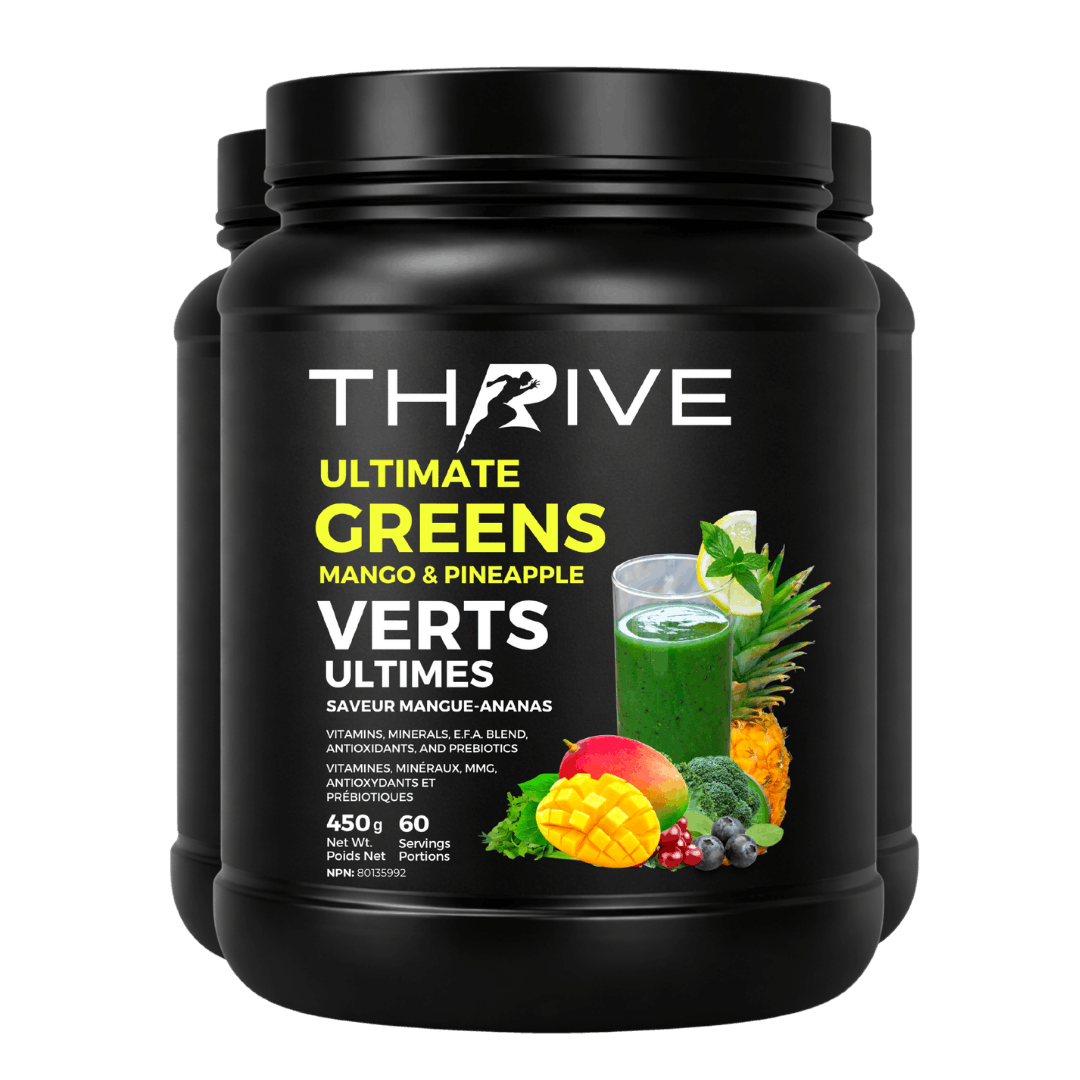 Thrive Ultimate Greens - mango pineapple – Canadian-made greens powder with superfoods, prebiotics, and antioxidants, 3 x 450 g tub