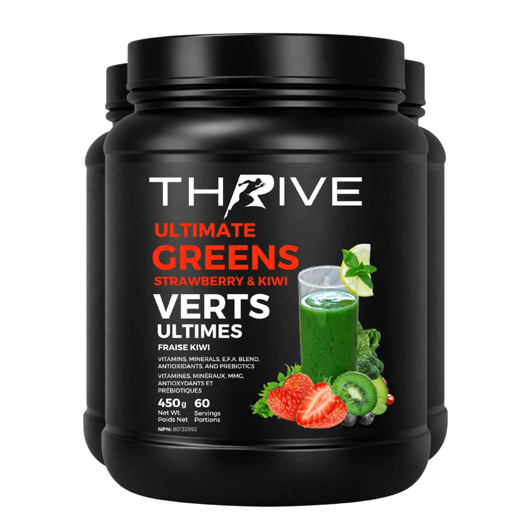 Thrive Ultimate Greens - strawberry kiwi – Canadian-made greens powder with superfoods, prebiotics, and antioxidants, 3 x 450 g tub