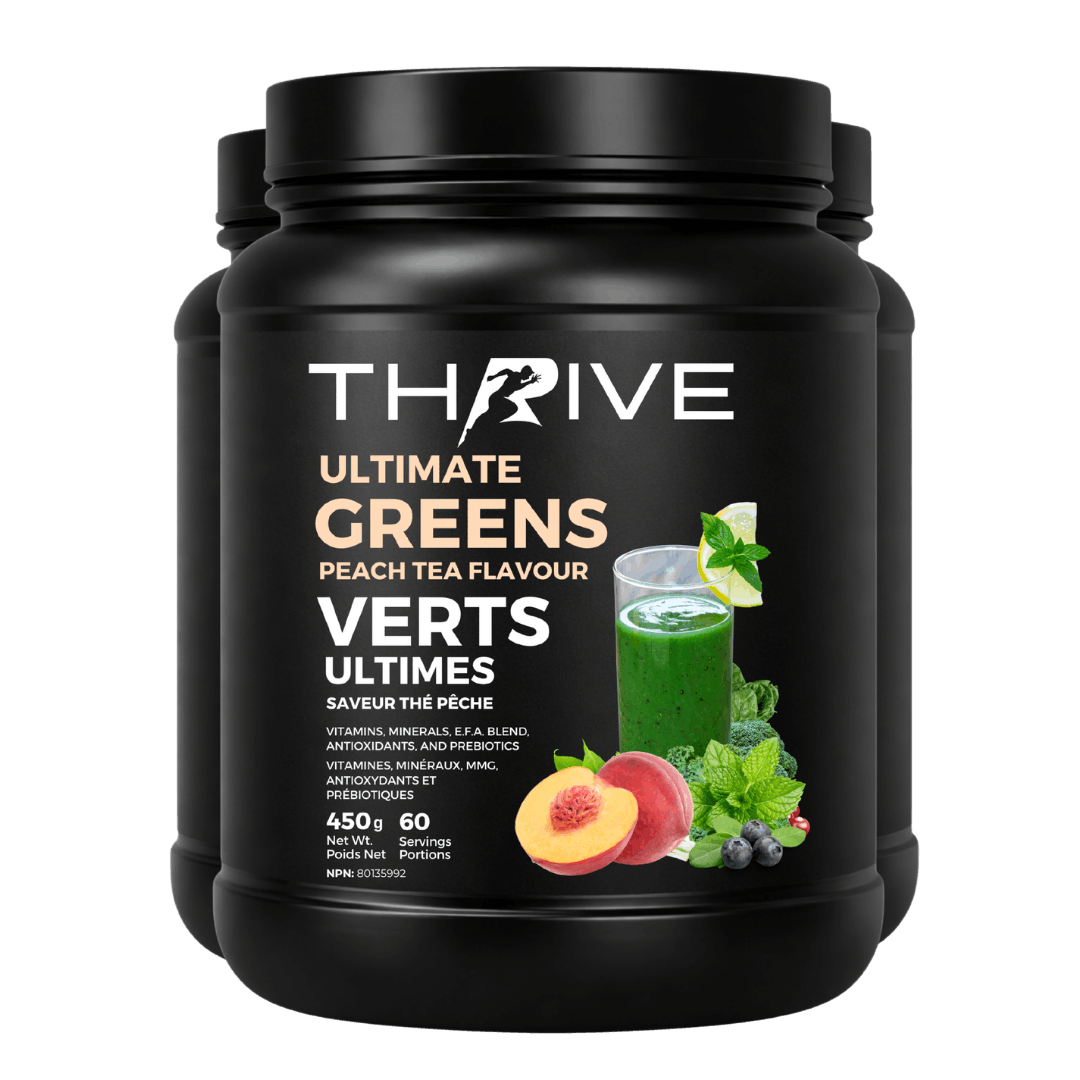 Thrive Ultimate Greens - peach tea – Canadian-made greens powder with superfoods, prebiotics, and antioxidants, 3 x 450 g tub