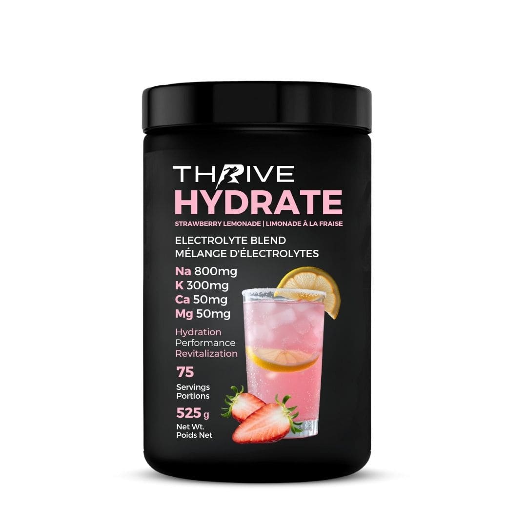 Black container of Thrive Hydrate electrolyte blend with strawberry lemonade flavor on a white background