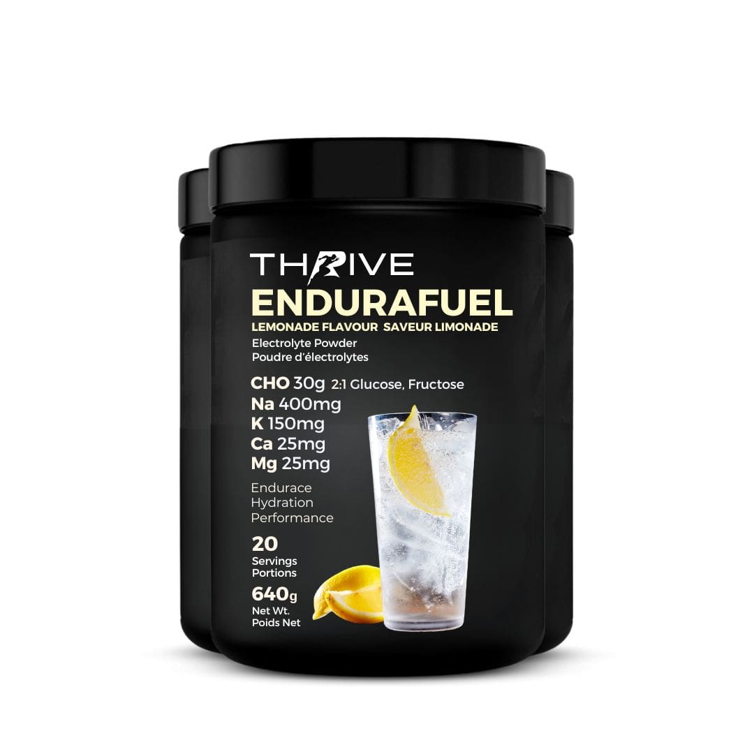 Black container of Thrive EnduraFuel lemonade flavor on a white background (3 pack) 