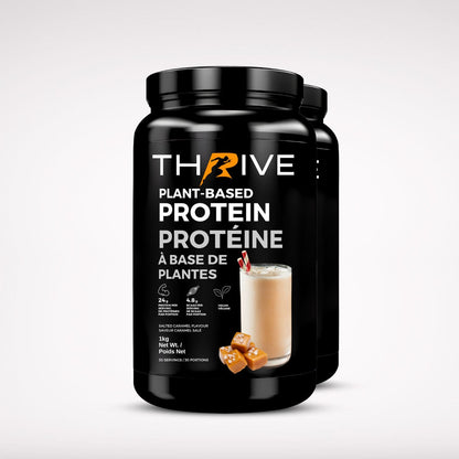 Thrive Plant-Based Protein Salted Caramel – Canadian-made vegan protein powder, two 1 kg tubs with 24 g protein per serving