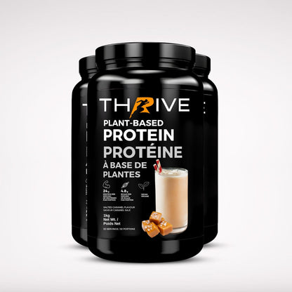 Thrive Plant-Based Protein Salted Caramel – Canadian-made vegan protein powder, three 1 kg tubs with 24 g protein per serving