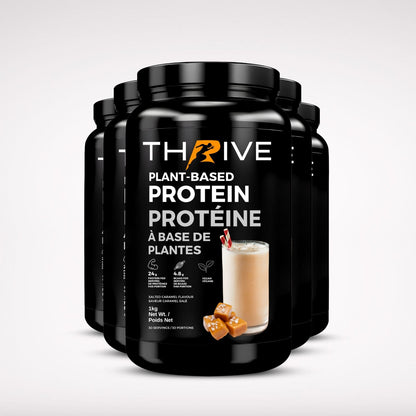 Thrive Plant-Based Protein Salted Caramel – Canadian-made vegan protein powder, five 1 kg tubs with 24 g protein per serving