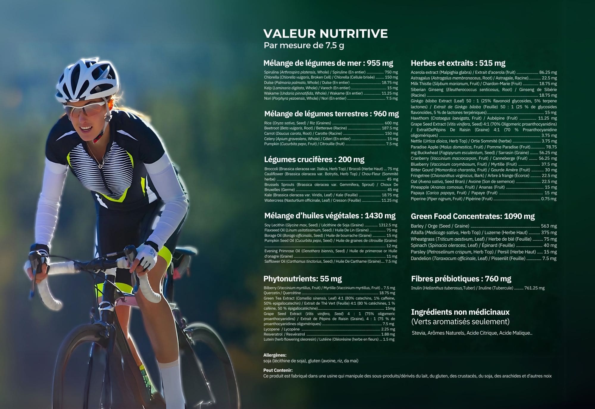 Cycliste avec informations nutritionnelles affichées sur fond vert pour le supplément Thrive Ultimate Greens.