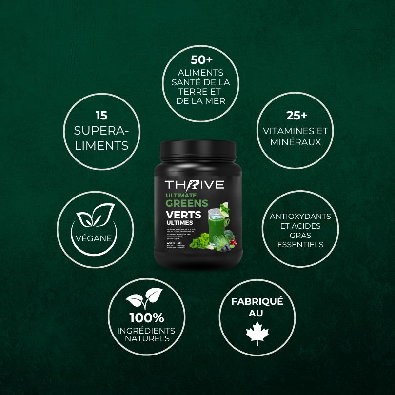 Pot Thrive Ultimate Greens Verts Ultimes avec 15 superaliments, 50+ aliments, 25+ vitamines, véganes et naturels.