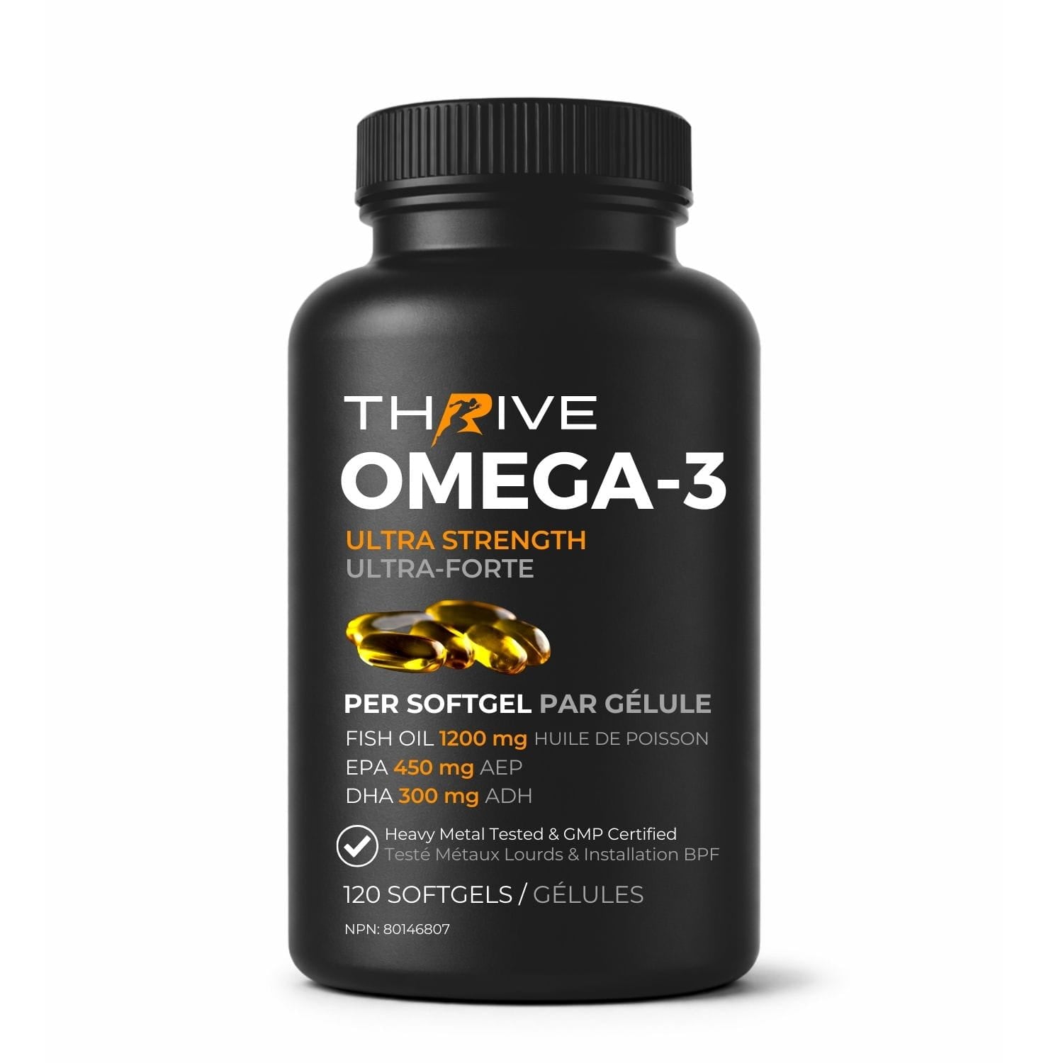 Black bottle of Thrive Omega-3 Ultra Strength 750 mg EPA + DHA fish oil supplement on a white background
