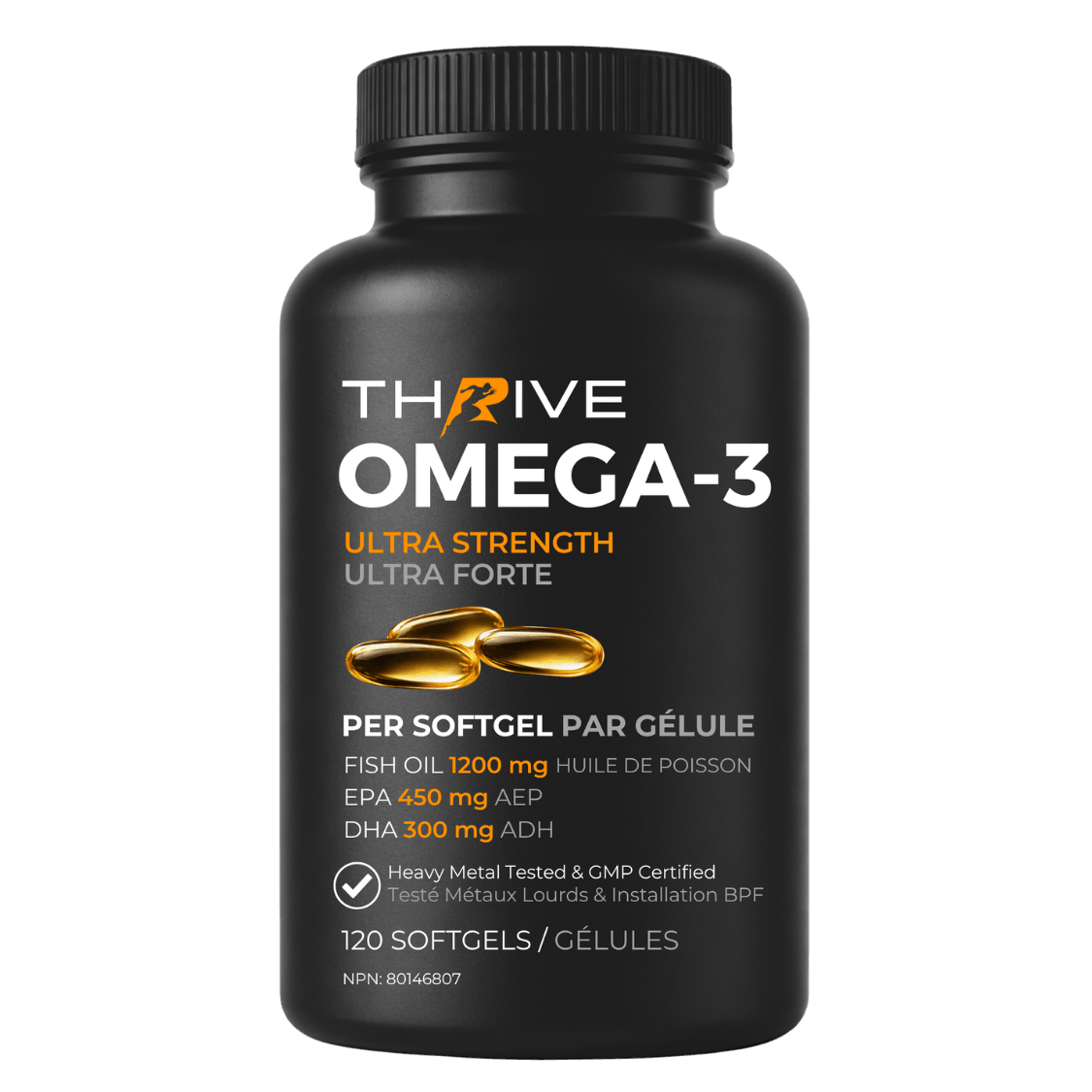 Thrive Omega-3 Ultra Strength fish oil supplement bottle, 120 softgels, 450mg EPA and 300mg DHA, heavy metal tested, made in Canada