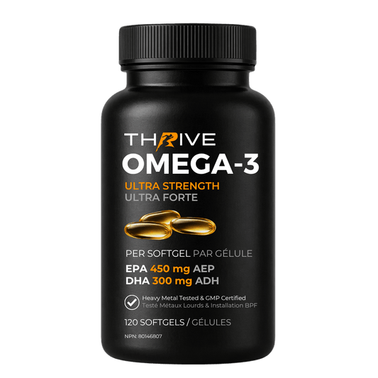 Thrive Omega-3 Ultra Strength fish oil supplement bottle, 120 softgels, 450mg EPA and 300mg DHA, heavy metal tested, made in Canada