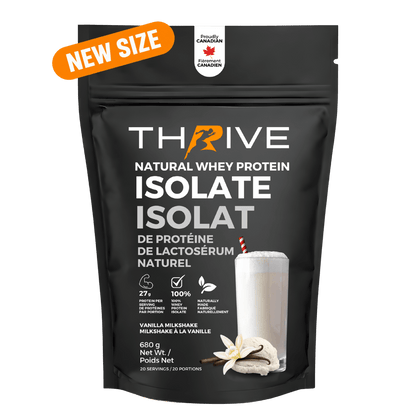 A black stand-up pouch of Thrive Natural Whey Protein Isolate in Vanilla Milkshake flavor, with a bright orange 'NEW SIZE' banner in the top-left corner. The packaging features white text, a graphic of a vanilla flower, and a glass of milkshake on the front, with a Canadian Made badge at the top.