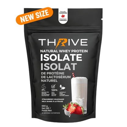 A black stand-up pouch of Thrive Natural Whey Protein Isolate in Strawberry Milkshake flavor, with a bright orange 'NEW SIZE' banner at the top left. The packaging features white text, a graphic of a milkshake with strawberries, and a Canadian seal.
