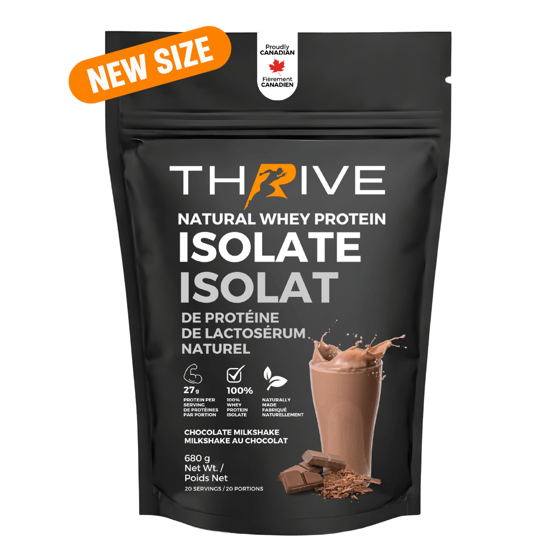 A black stand-up pouch of Thrive Natural Whey Protein Isolate in Chocolate Milkshake flavor, with a bright orange 'NEW SIZE' banner in the top-left corner. The packaging features white and orange text, a graphic of a chocolate milkshake with chocolate chunks, and a 'Protein Canadian' logo at the top.