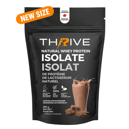A black stand-up pouch of Thrive Natural Whey Protein Isolate in Chocolate Milkshake flavor, with a bright orange 'NEW SIZE' banner in the top-left corner. The packaging features white and orange text, a graphic of a chocolate milkshake with chocolate chunks, and a 'Protein Canadian' logo at the top.