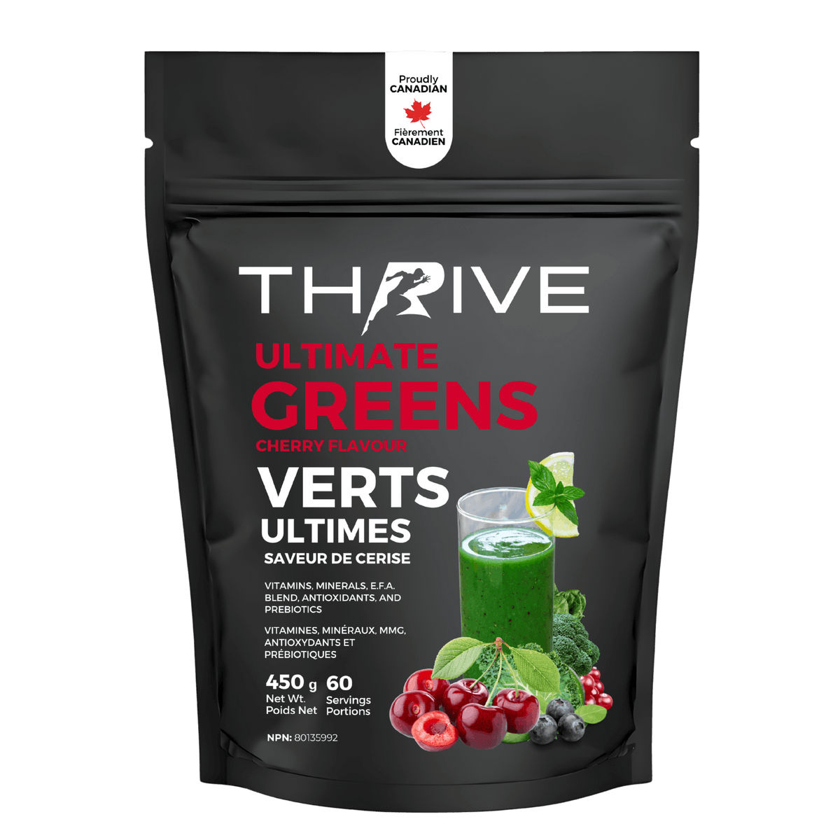 Thrive Ultimate Greens - cherry – Canadian-made greens powder with superfoods, prebiotics, and antioxidants, 450 g bag